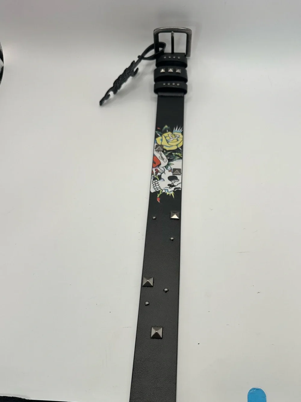 Ed Hardy Men's Graphic Print Studded Skull Belt Adjustable Buckle Black Size 38